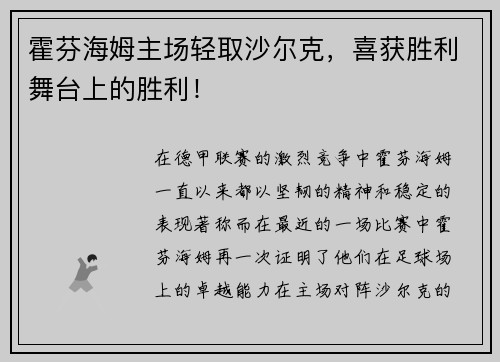 霍芬海姆主场轻取沙尔克，喜获胜利舞台上的胜利！
